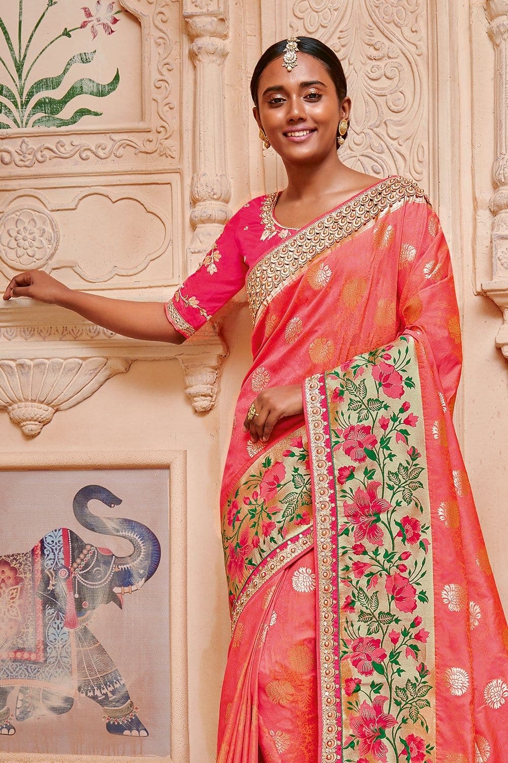 Designer Banarasi Saree Coral Pink Woven Designer Banarasi Saree With Embroidered Silk Blouse - Wedding Sutra Collection saree online