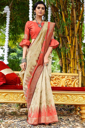 Cream Designer Banarasi Saree