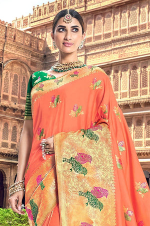 Creamsicle Orange Woven Designer Banarasi Saree With Embroidered Silk Blouse