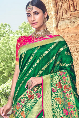 Crocodile Green Woven Designer Banarasi Saree With Embroidered Silk Blouse