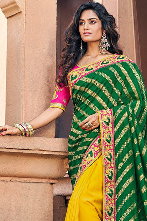 Dark Green And Yellow Woven Designer Banarasi Saree With Embroidered Silk Blouse