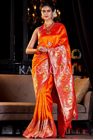 Dark Orange Banarasi Saree