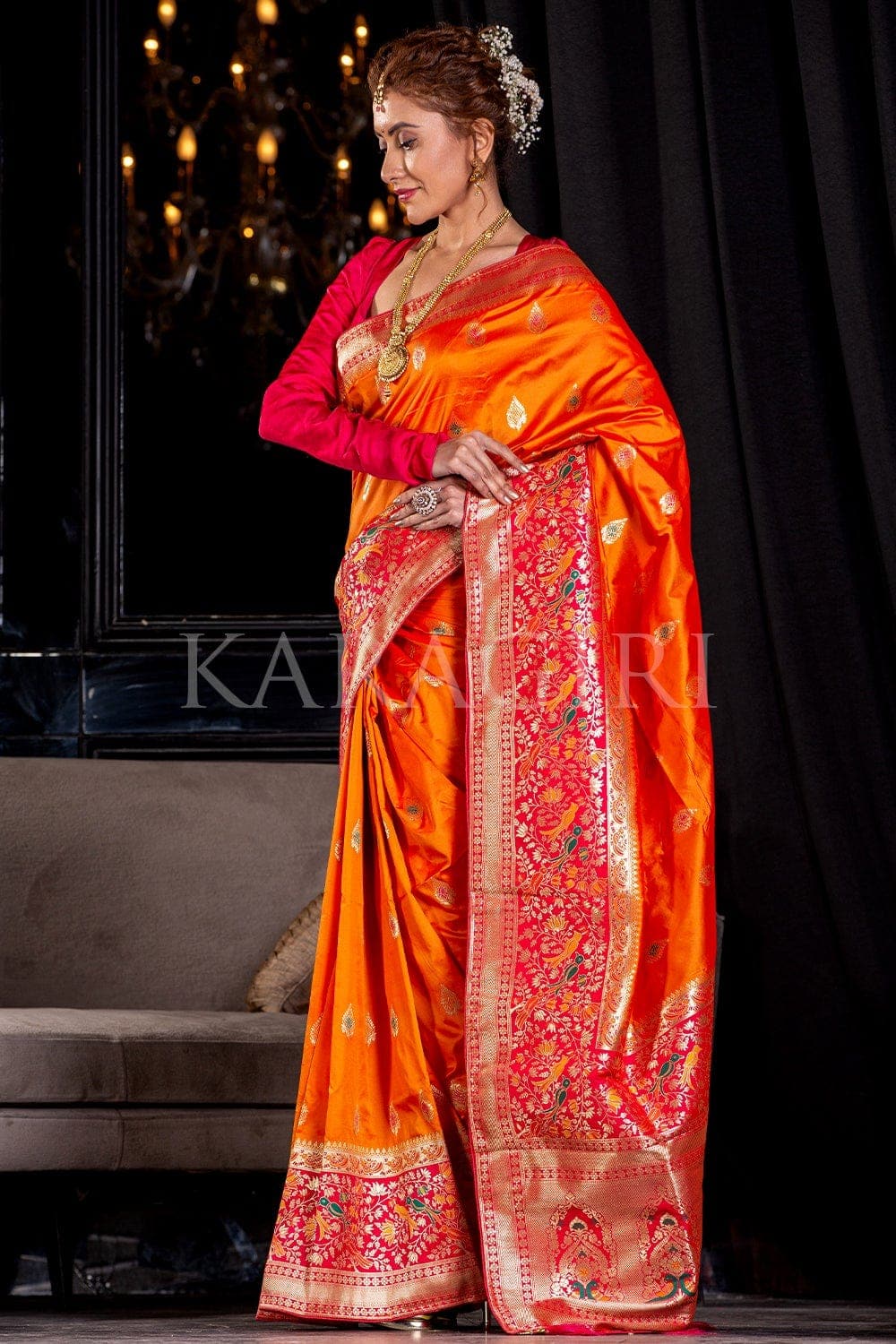 Lite Orange color Banarasi sarees with all over zig zag design -BANS0006000