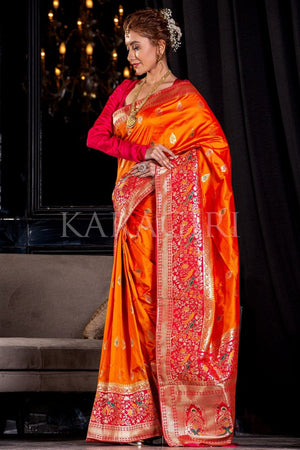 Designer Bright Orange Banarasi Saree