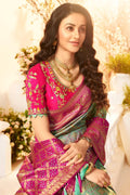 Teal pink woven designer banarasi saree with embroidered silk blouse - Wedding sutra collection - Buy online on Karagiri - Free shipping to USA