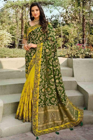 Fern Green And Yellow Designer Banarasi Saree
