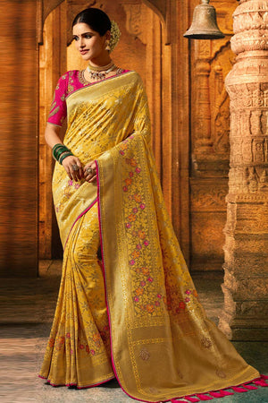 Fresh Yellow Designer Banarasi Saree With Embroidered Silk Blouse - Wedding Wardrobe Collection