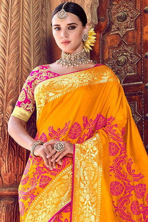 Gold Yellow Woven Designer Banarasi Saree With Embroidered Silk Blouse