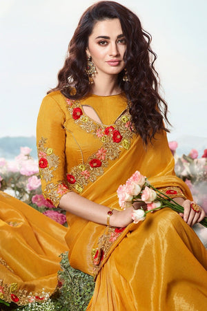 Golden Designer Embroidered Saree With Embroidered Blouse - Wedding Wardrobe Collection