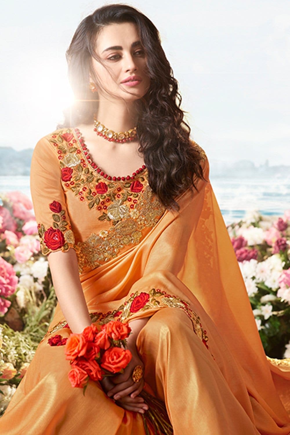 Designer Banarasi Saree Golden Orange Designer Embroidered Saree With Embroidered Blouse - Wedding Wardrobe Collection saree online