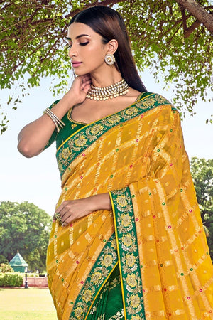 Green And Yellow Woven Designer Banarasi Saree With Embroidered Silk Blouse