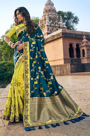 Green Blue Woven Designer Banarasi Saree With Embroidered Silk Blouse