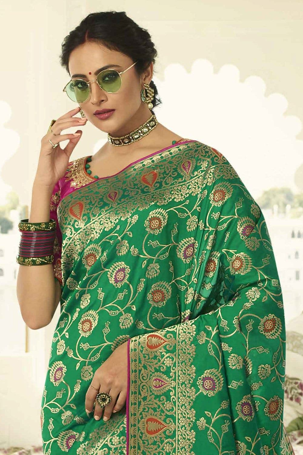 Designer Banarasi Saree Green Designer Banarasi Saree With Embroidered Silk Blouse saree online