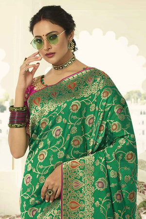 Green Designer Banarasi Saree With Embroidered Silk Blouse