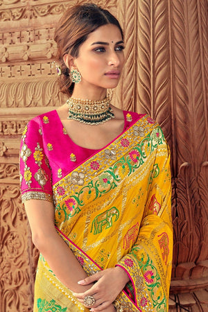 Honey Yellow Woven Designer Banarasi Saree With Embroidered Silk Blouse