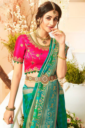 Hot Green Woven Designer Banarasi Saree With Embroidered Silk Blouse