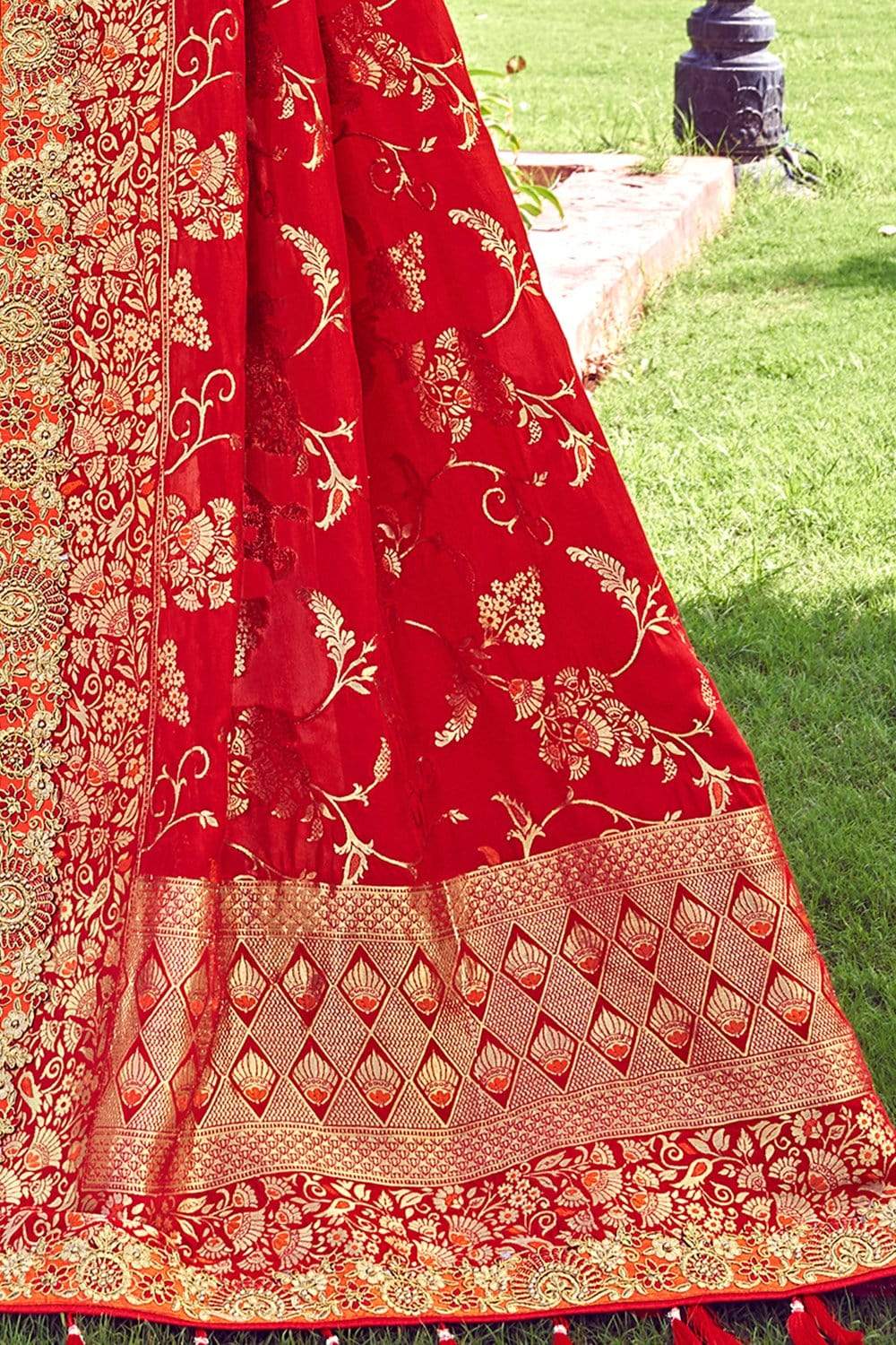 Designer Banarasi Saree Kumkum Red And Orange Woven Designer Banarasi Saree With Embroidered Silk Blouse saree online