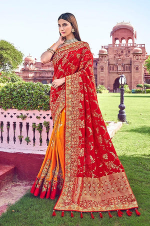 Red And Orange Designer Banarasi Saree With Embroidered Silk Blouse