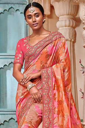 Light Orange,Pink Woven Designer Banarasi Saree With Embroidered Silk Blouse