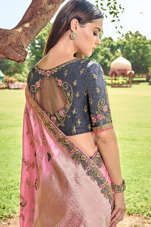 Light Pink And Grey Woven Designer Banarasi Saree With Embroidered Silk Blouse