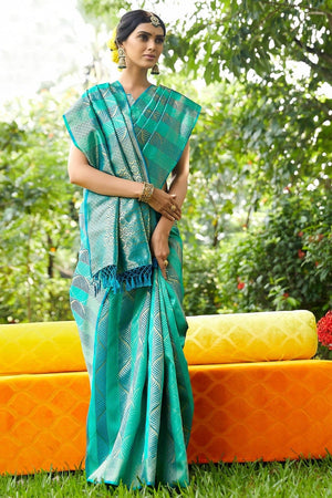 Light Teal Blue Designer Banarasi Saree