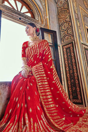 Lipstick Red Woven Designer Banarasi Saree With Embroidered Silk Blouse