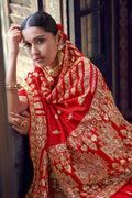 Designer Banarasi Saree Lipstick Red Woven Designer Banarasi Saree With Embroidered Silk Blouse saree online