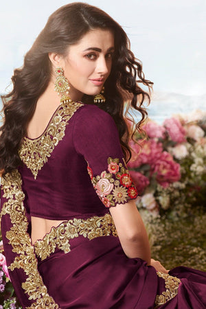 Luscious Wine Designer Embroidered Saree With Embroidered Blouse - Wedding Wardrobe Collection