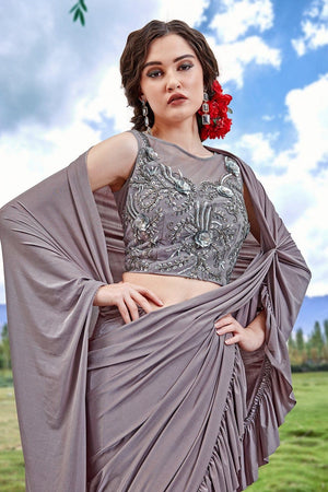 Metal Grey Designer Saree With Designer Embroidered Blouse - Wedding Wardrobe Collection