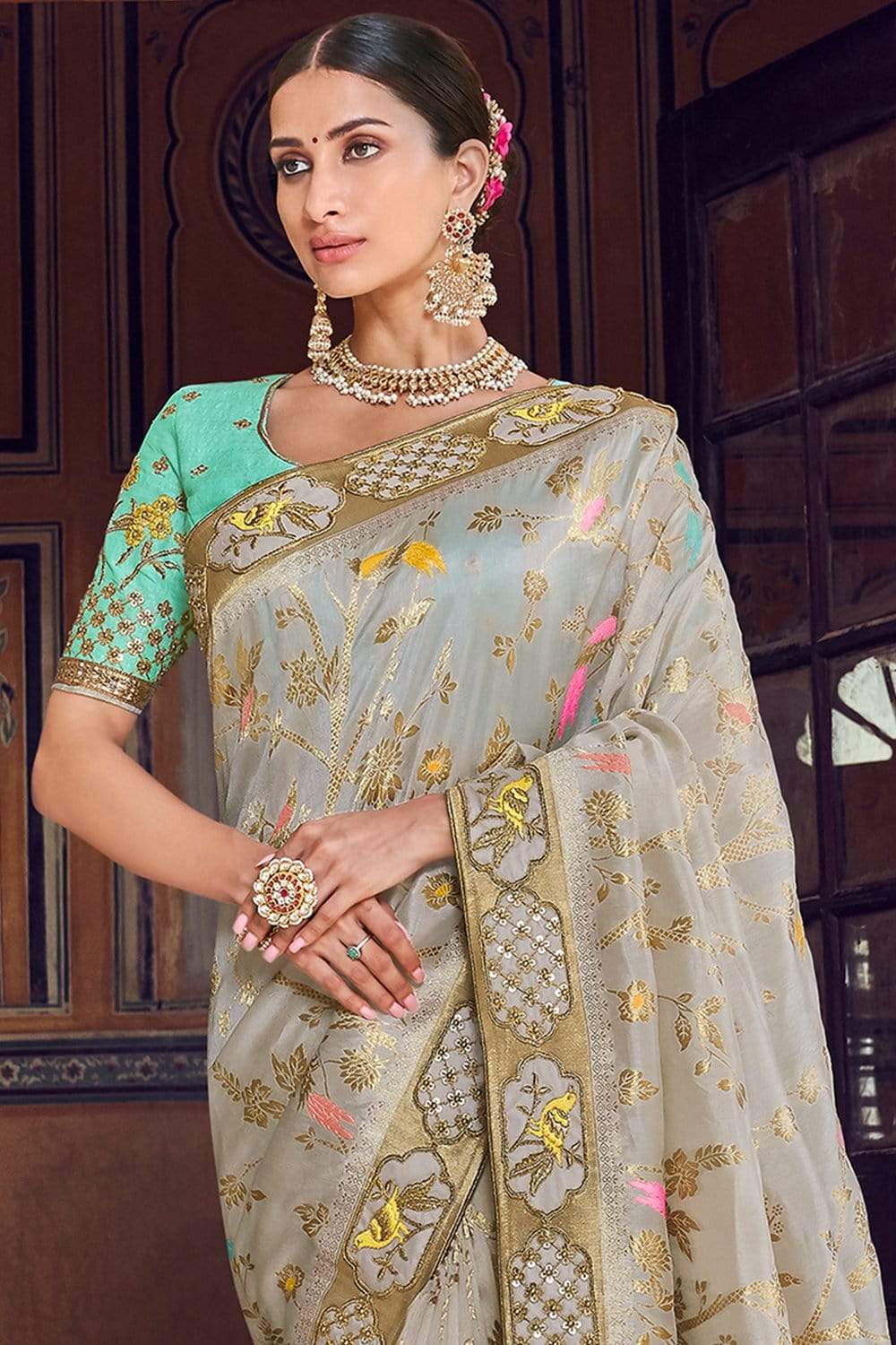 Buy Moth grey woven designer banarasi saree online - Karagiri