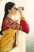 Mustard yellow designer banarasi saree with embroidered silk blouse - Wedding sutra collection - Buy online on Karagiri - Free shipping to USA