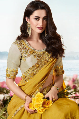 Mustard Yellow Designer Embroidered Saree With Embroidered Blouse - Wedding Wardrobe Collection