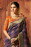 Designer Banarasi Saree Navy Blue Orange Designer Banarasi Saree With Embroidered Silk Blouse saree online