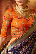 Designer Banarasi Saree Navy Blue Orange Designer Banarasi Saree With Embroidered Silk Blouse saree online
