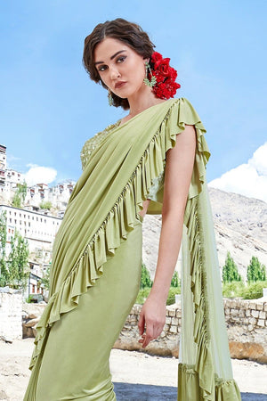 Olive Green Designer Saree With Designer Embroidered Blouse - Wedding Wardrobe Collection