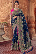 Oxford blue woven designer banarasi saree with embroidered silk blouse - Wedding sutra collection - Buy online on Karagiri - Free shipping to USA