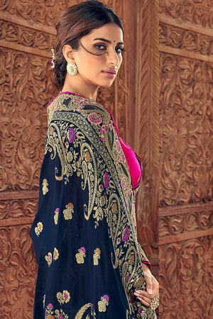 Oxford Blue Woven Designer Banarasi Saree With Embroidered Silk Blouse