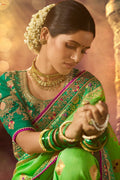 Parrot green designer banarasi saree with embroidered silk blouse - Wedding sutra collection - Buy online on Karagiri - Free shipping to USA