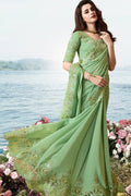 Pastel green designer embroidered saree with embroidered blouse - Wedding Wardrobe collection - Buy online on Karagiri - Free shipping to USA