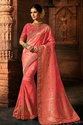 Peach pink designer banarasi saree with embroidered silk blouse - Wedding sutra collection - Buy online on Karagiri - Free shipping to USA