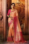 Peach pink designer banarasi saree with embroidered silk blouse - Wedding sutra collection - Buy online on Karagiri - Free shipping to USA
