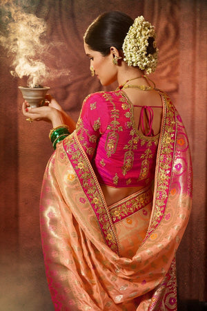 Peach Pink Designer Banarasi Saree With Embroidered Silk Blouse
