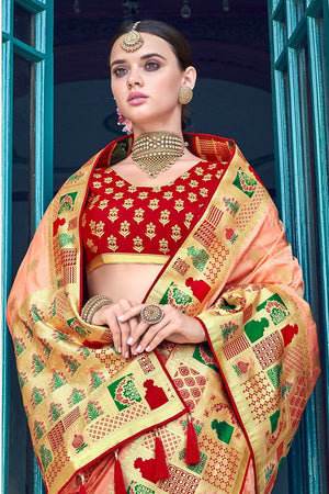 Peach Woven Designer Banarasi Saree With Embroidered Silk Blouse