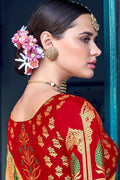 Peach woven designer banarasi saree with embroidered silk blouse - Wedding sutra collection - Buy online on Karagiri - Free shipping to USA