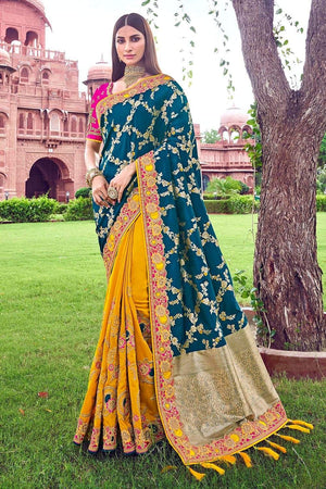 Peacock Blue And Yellow Woven Designer Banarasi Saree With Embroidered Silk Blouse