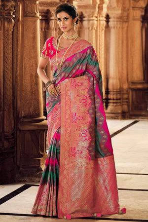 Pink and Blue Designer Banarasi Saree