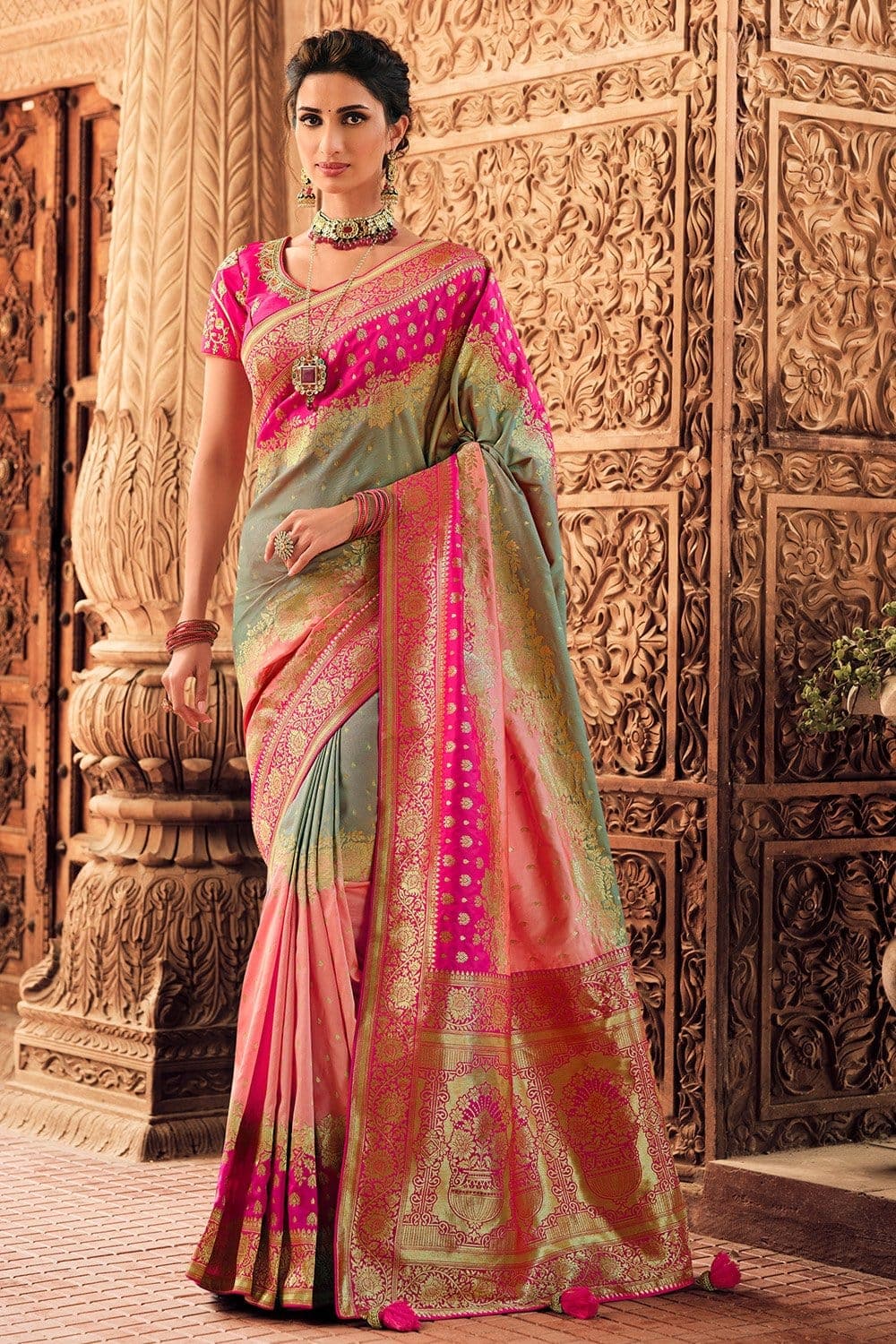Soft Designer Semi Katan Silk Saree in Hot Pink and Forest Green – Bengal  Looms India