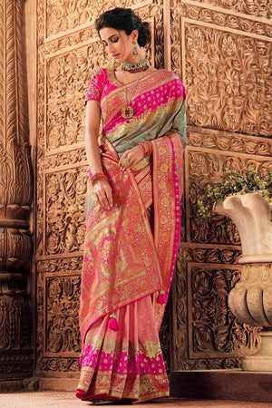 Pink and Green Designer Banarasi Saree