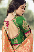 Pink golden woven designer banarasi saree with embroidered silk blouse - Wedding sutra collection - Buy online on Karagiri - Free shipping to USA