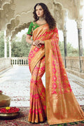 Pink golden woven designer banarasi saree with embroidered silk blouse - Wedding sutra collection - Buy online on Karagiri - Free shipping to USA